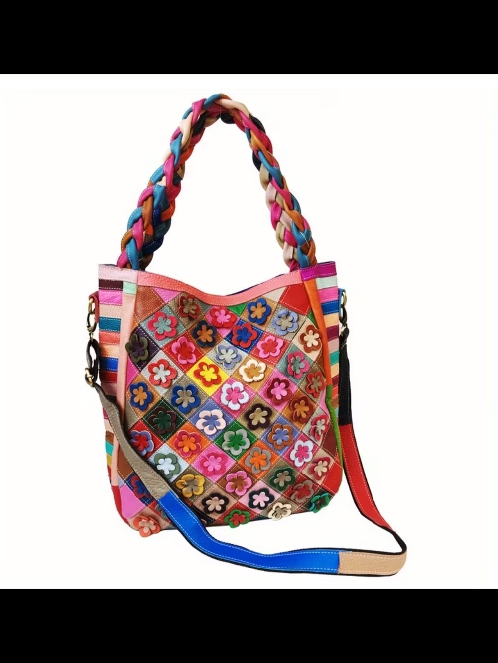 ♥️Multicolor Patchwork Floral Genuine Leather Shoulder Bag Large - Picture 6 of 12